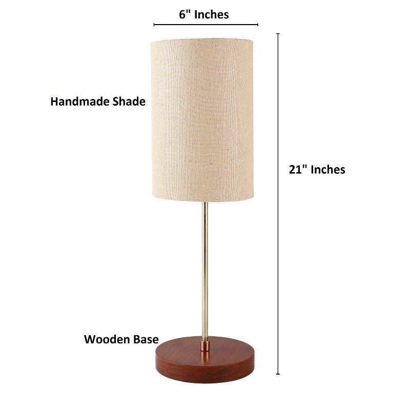BTR CRAFTS Light Gold Rod & Brown Wooden Base Table Lamp (Cylinder Lampshade)