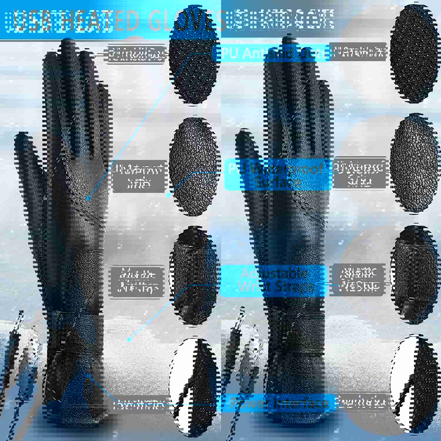 Unisex USB Heated Touch Screen Waterproof Gloves for Outdoor Activities