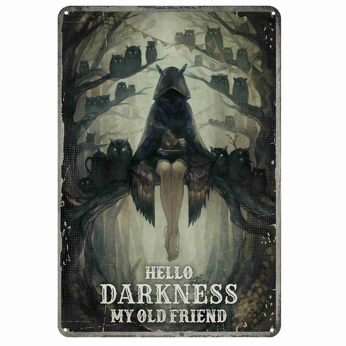 1pc Metal Tin Sign (8x12/20cm*30cm) - Hello Darkness My Old Friend, Funny Owl Girl Poster, Vintage Creativity Wall Decor