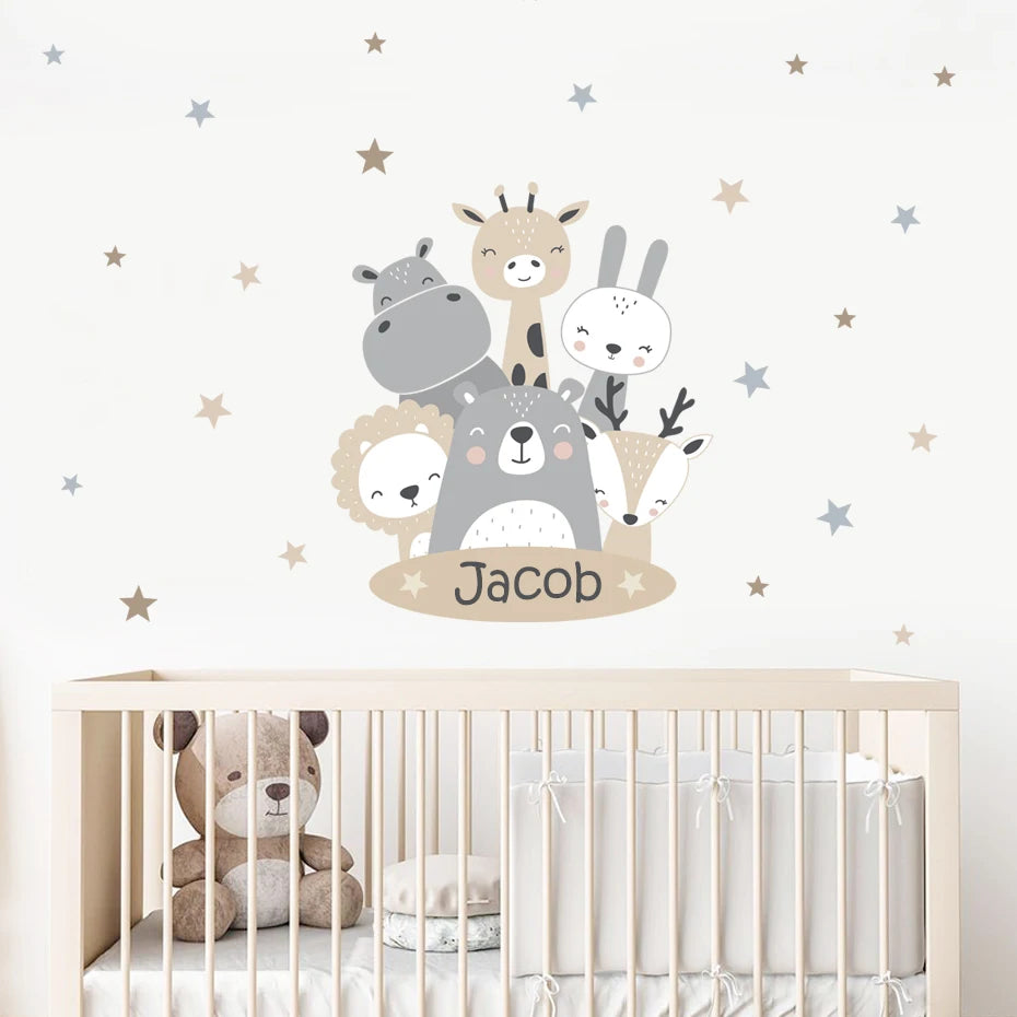 Personalized Baby Animal Wall Decals - Hippo, Bear, Lion, Fox, Deer Nursery Wall Stickers