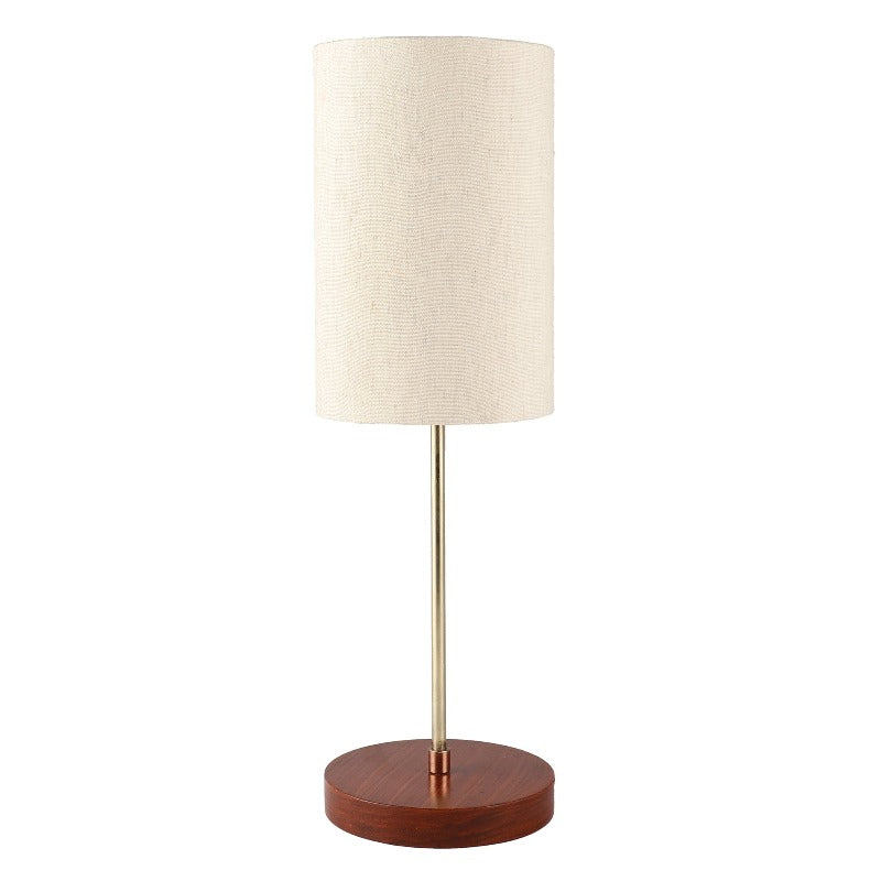 BTR CRAFTS Light Gold Rod & Brown Wooden Base Table Lamp (Cylinder Lampshade)