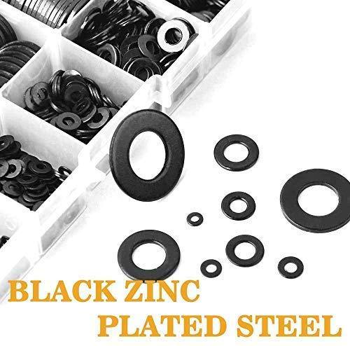 VIGRUE Black Zinc Plated Alloy Steel Flat Washers Set - 684 Pieces (9 Sizes)