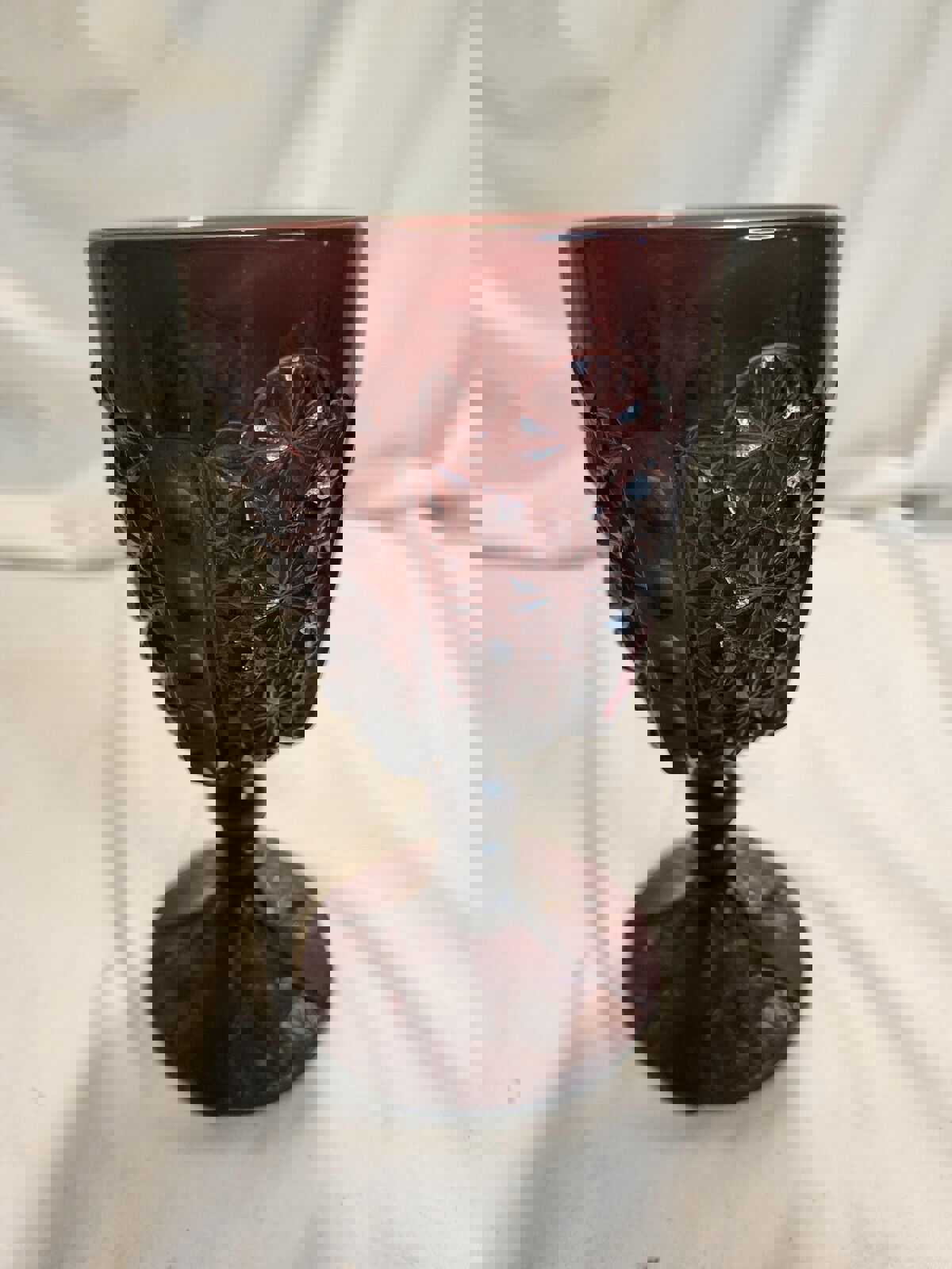 Vintage LG Wright Amethyst Pressed Glass Daisy & Button Straight Band Wine Glass