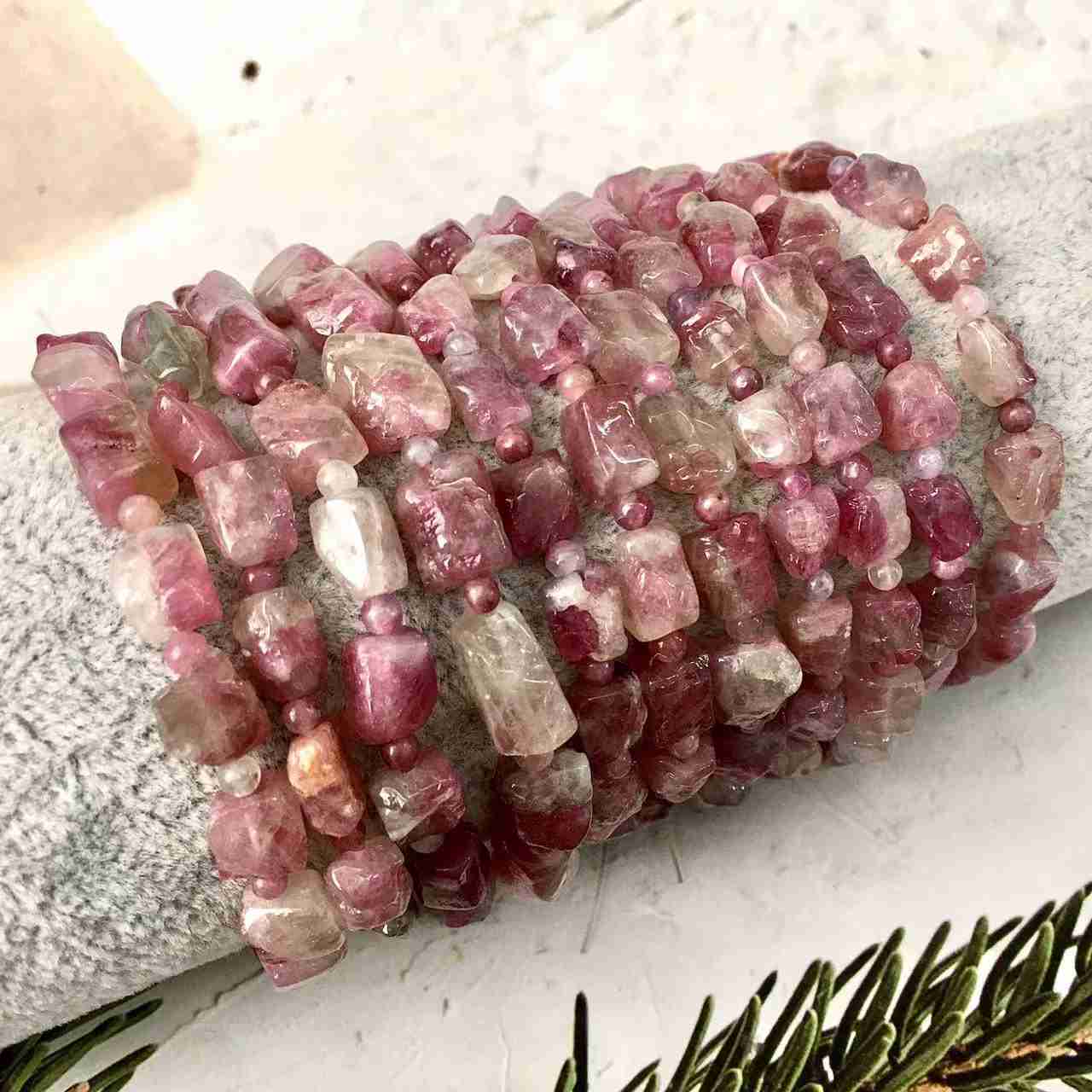 High Grade 6mm Pink Tourmaline Natural Stone Chips Bracelet