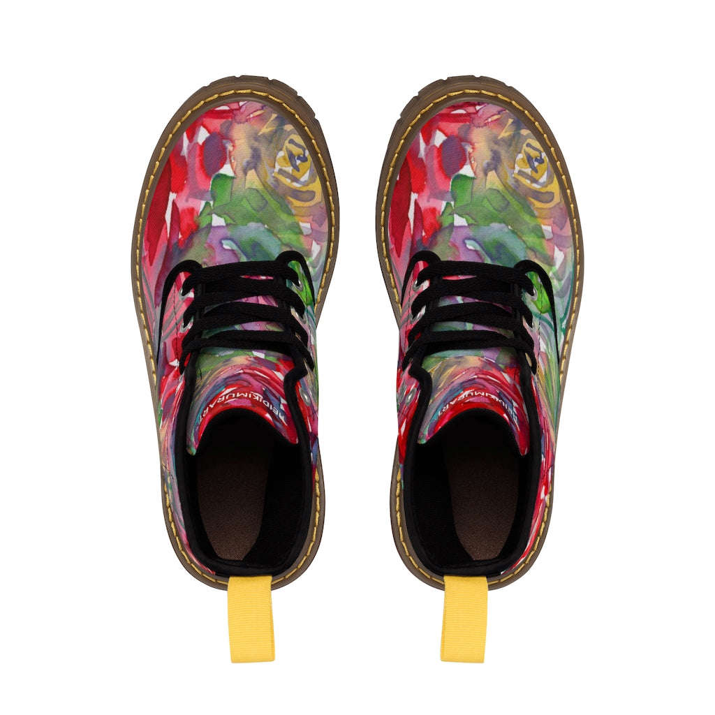 Red Floral Print Women's Boots - Watercolor Flower Printed Hiking Combat Boots