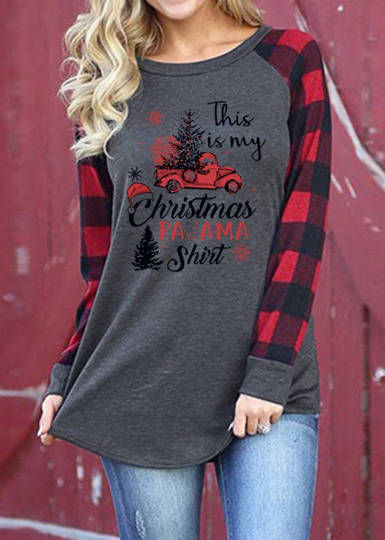 Fashion Christmas Tree Printing Red Plaid Long Sleeve Round Neck Pullover Tops for Women