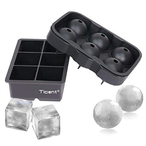 Ticent Silicone Ice Cube Trays Set - Sphere & Square Molds for Whiskey & Cocktails (BPA Free, 2-Pack)