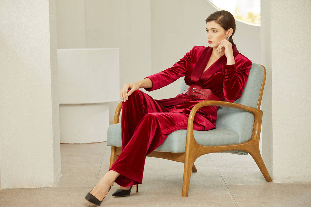 Wine Red V-neck Velvet Pant Suits for Women