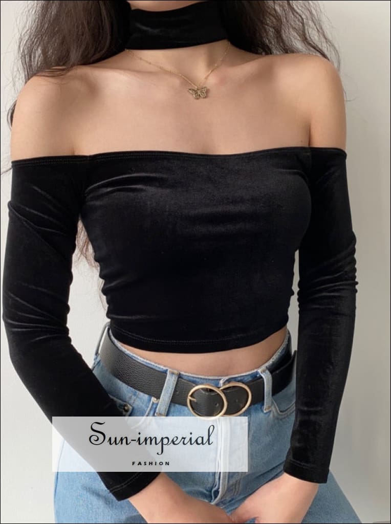 Women's Off Shoulder Red Wine Long Sleeve Velvet Slim Fit Crop Top with Choker Neckline