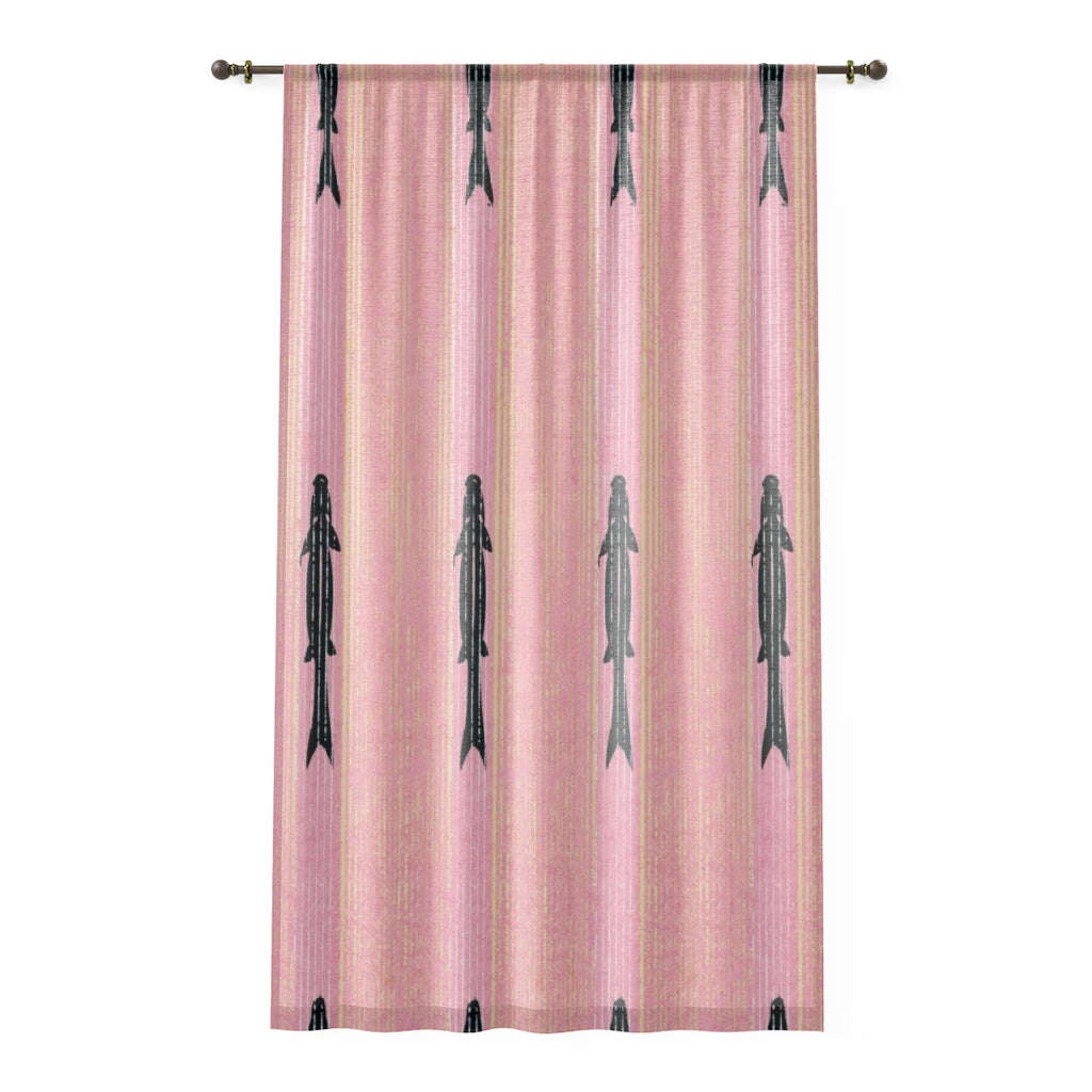 Vintage Japanese Woodblock Print Pink Sheer Window Curtain