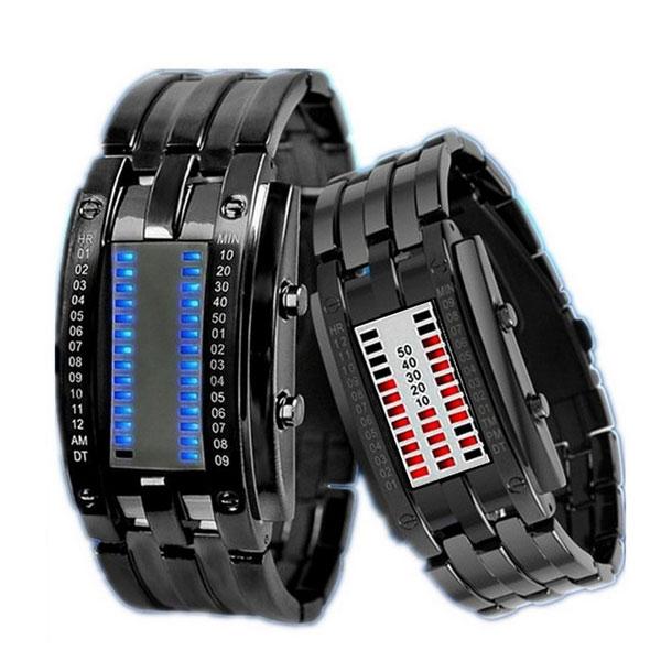 Women Binary Stainless Steel Date Digital LED Electronic Display Sport Watch Black & Red Light