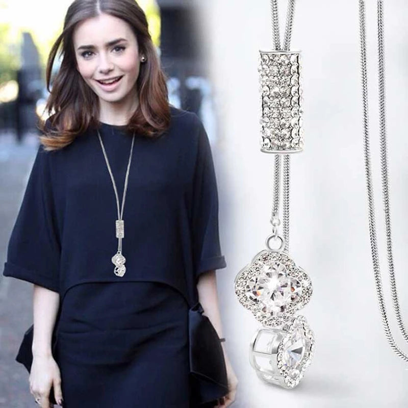 Crystal Clover Leaves Necklace for Women - Trendy Sweater Chain Jewelry