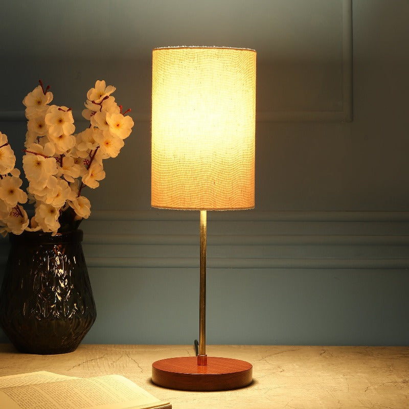 BTR CRAFTS Light Gold Rod & Brown Wooden Base Table Lamp (Cylinder Lampshade)