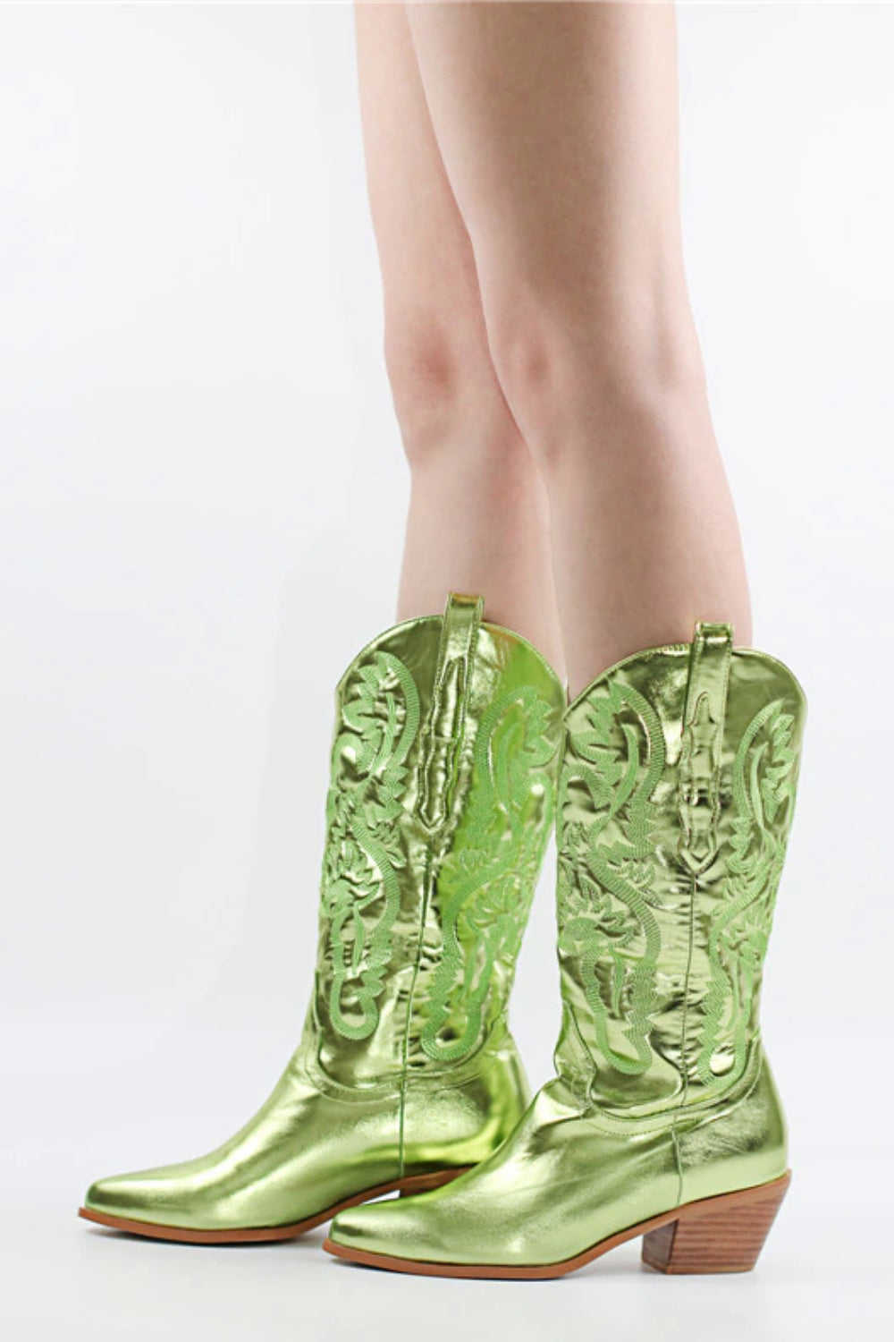 Only Maker Green Embroidered Mid-Calf Western Boots