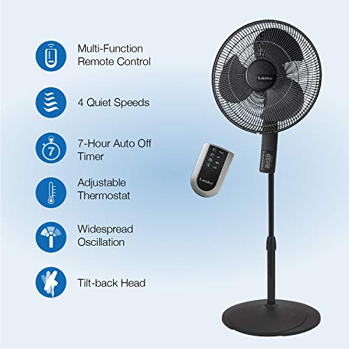 Lasko S16612 Oscillating 16″ Adjustable Pedestal Stand Fan with Timer, Thermostat and Remote