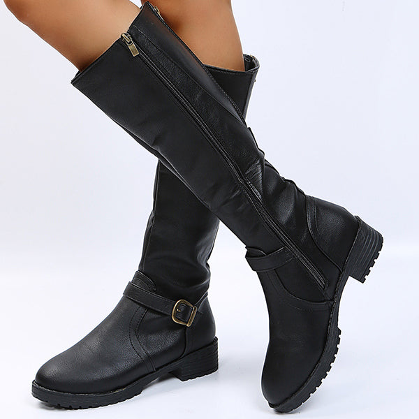Corashoes Round Toe PU Back Zipper Tall Boots - Fashion & Casual Low Heel Boots