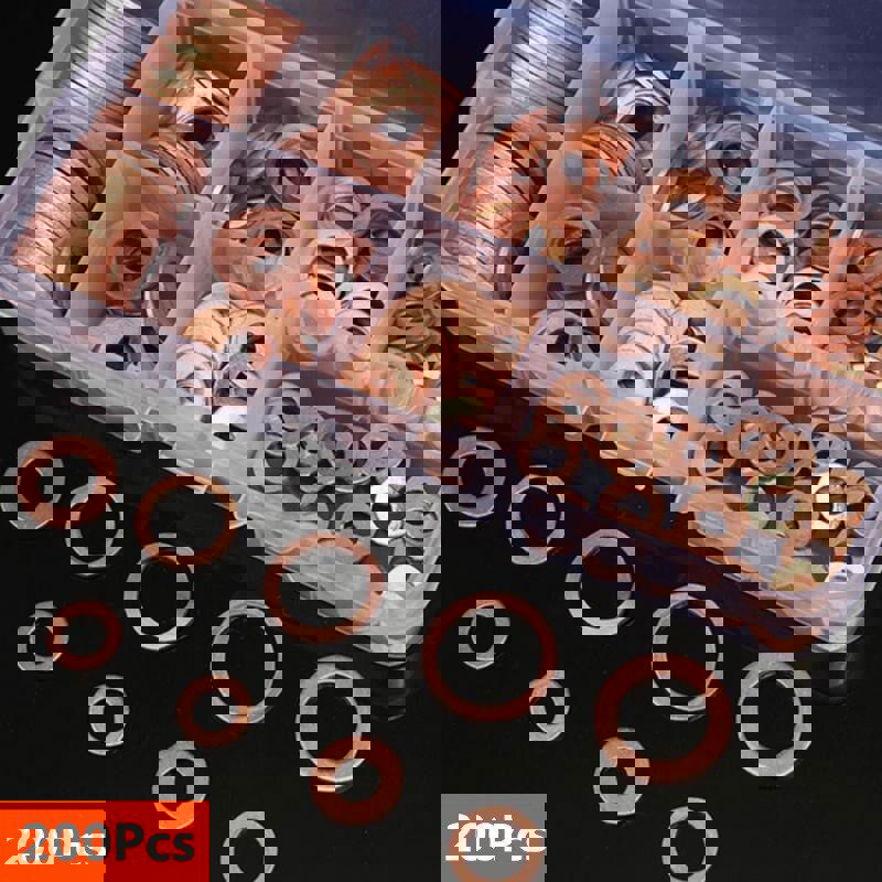 200pcs Copper Washer Gasket Nut and Bolt Set Flat Ring Seal Assortment Kit with Box for Sump Plugs (M8/M10/M12/M14)