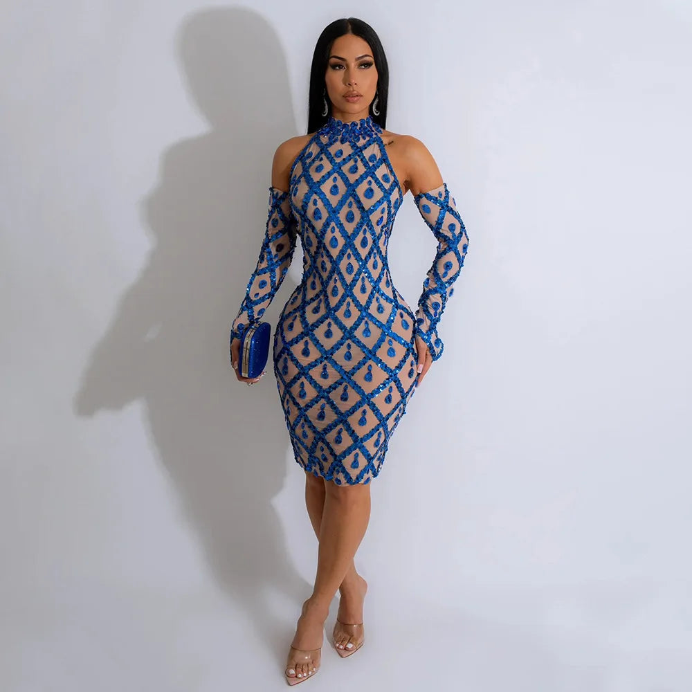 Fashion Mesh Perspective Sequin Bodycon Party Dress
