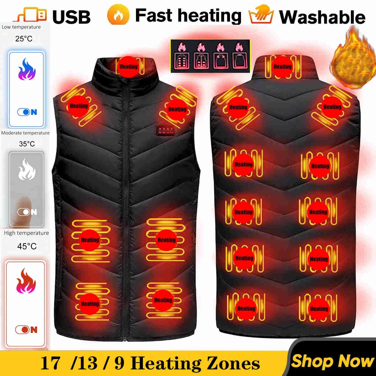 USB Heated Vest for Men and Women - Thermal Winter Jacket with 17/11 Heating Points (Black, S-6XL)