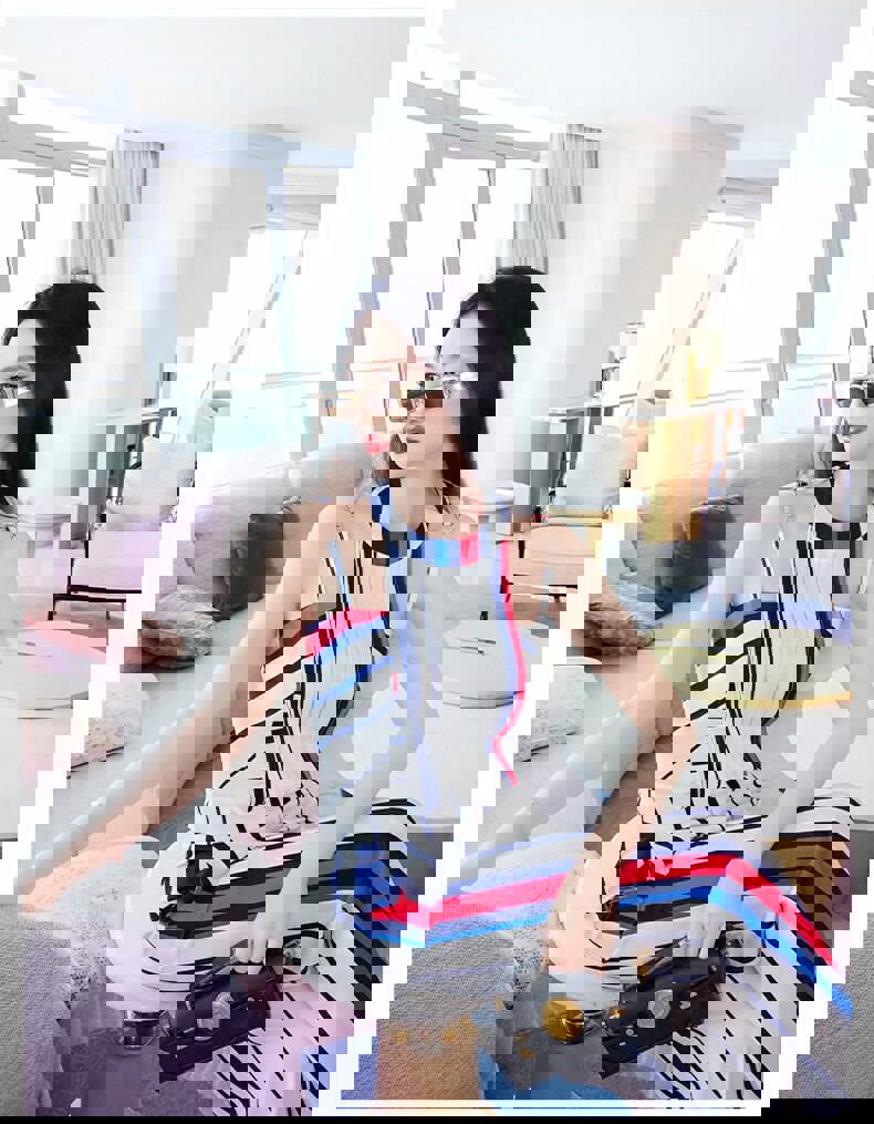 New Summer Office Lady Fashion Casual Brand Women Girls Skinny Sleeveless Striped Suits Sets Clothing