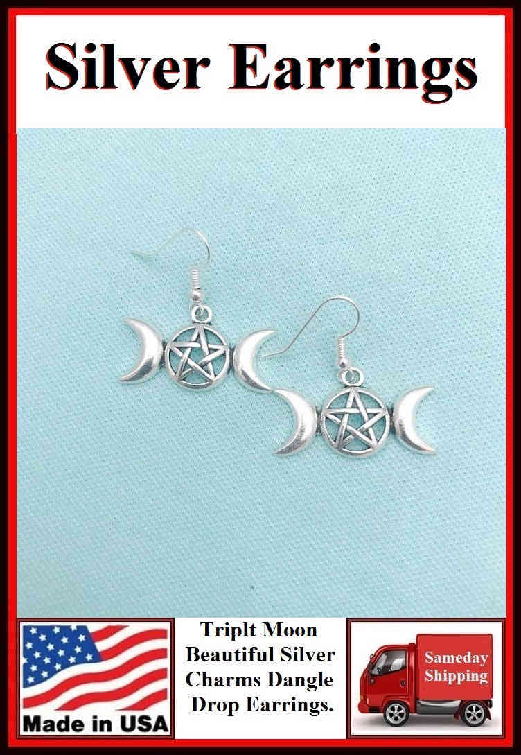 Triple Moon Goddess Pentacle Pendant Dangle Silver Earrings