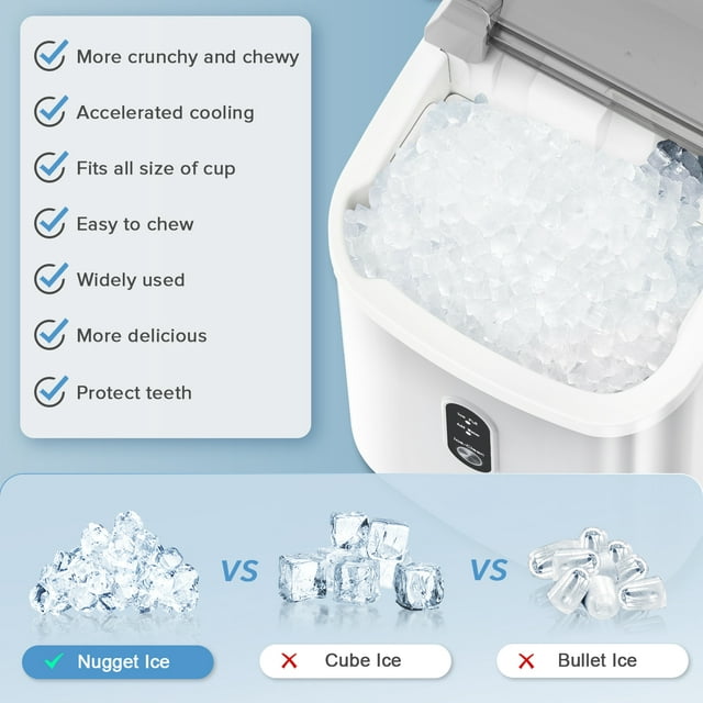 KISSAIR Nugget Countertop Ice Maker, 35Lbs/24Hrs, Self-Cleaning Pebble Ice Machine with Ice Basket & Scoop - White