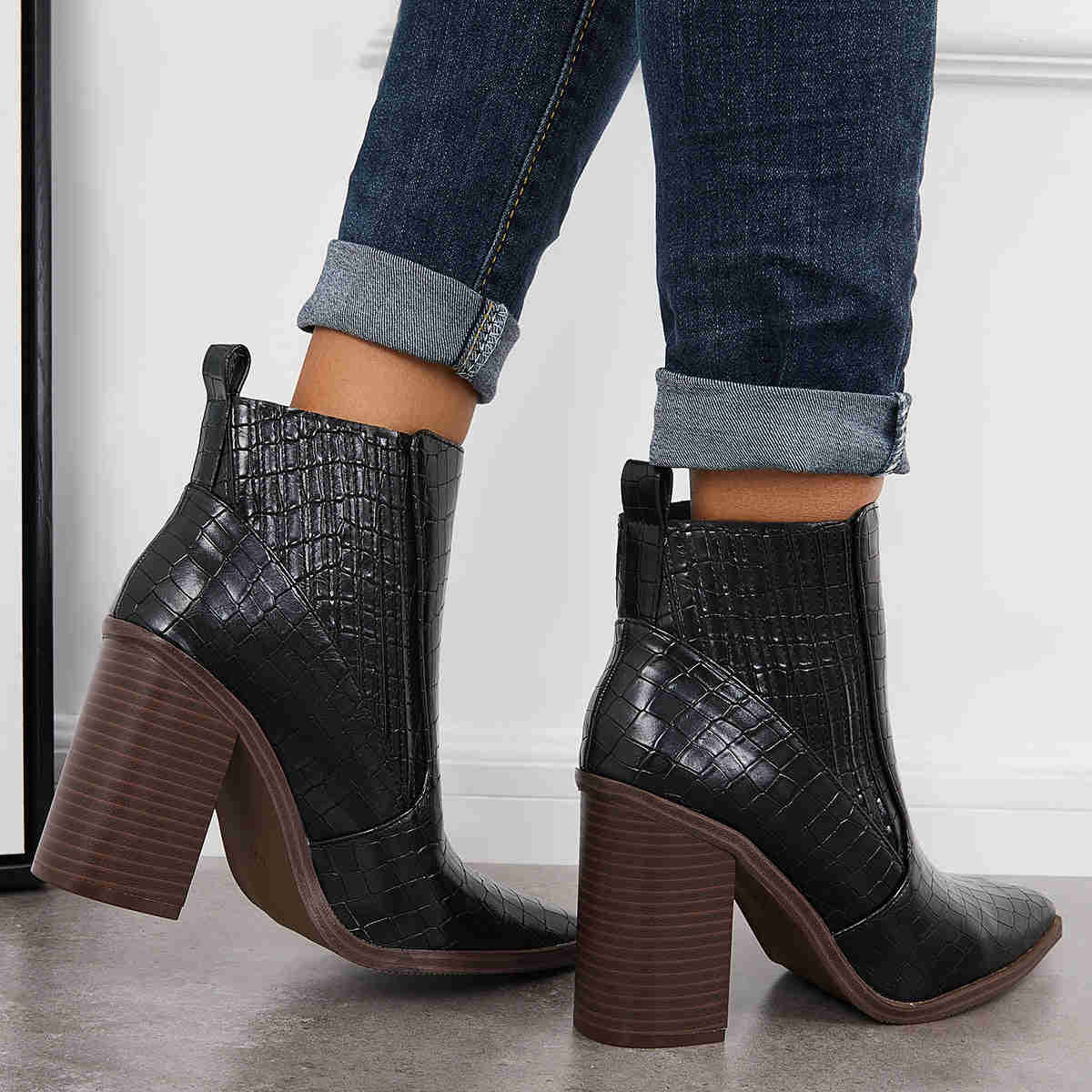 Pointed Toe Chunky Block Heel Ankle Boots Chelsea Western Booties