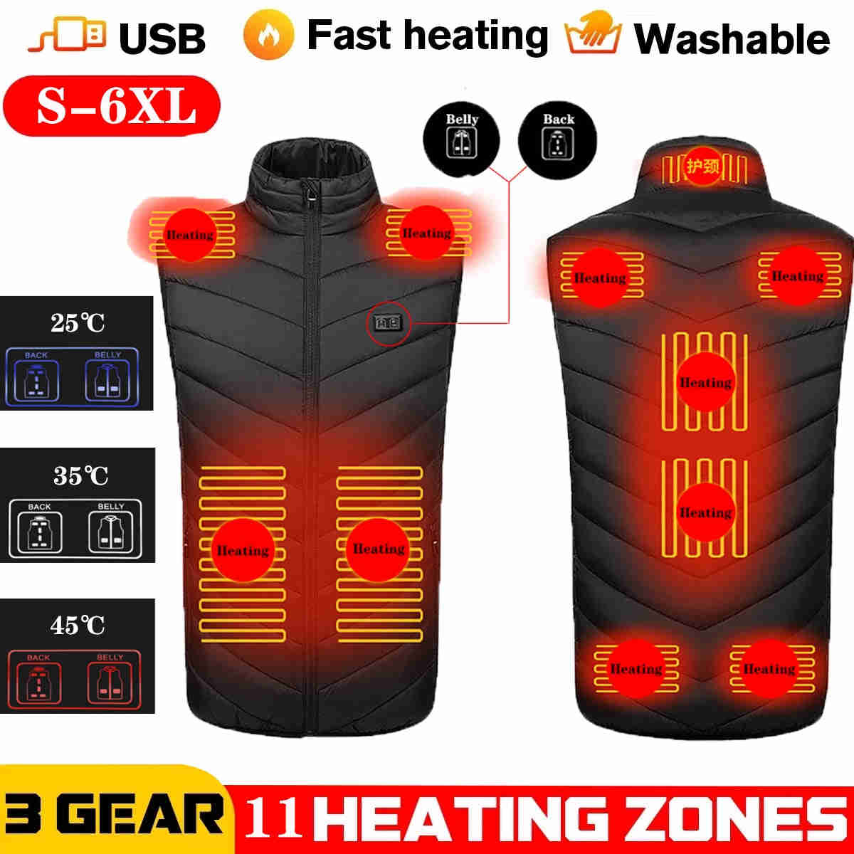 USB Heated Vest for Men and Women - Thermal Winter Jacket with 17/11 Heating Points (Black, S-6XL)