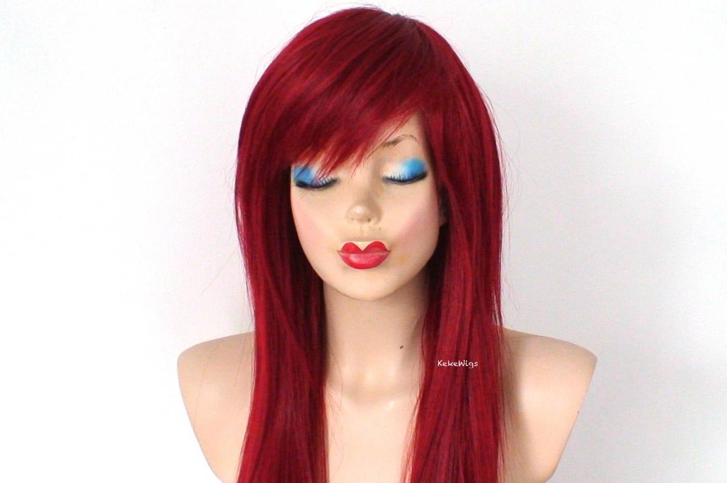 28 Wine Red Straight Layered Hair with Bangs Wig - Scene Wig