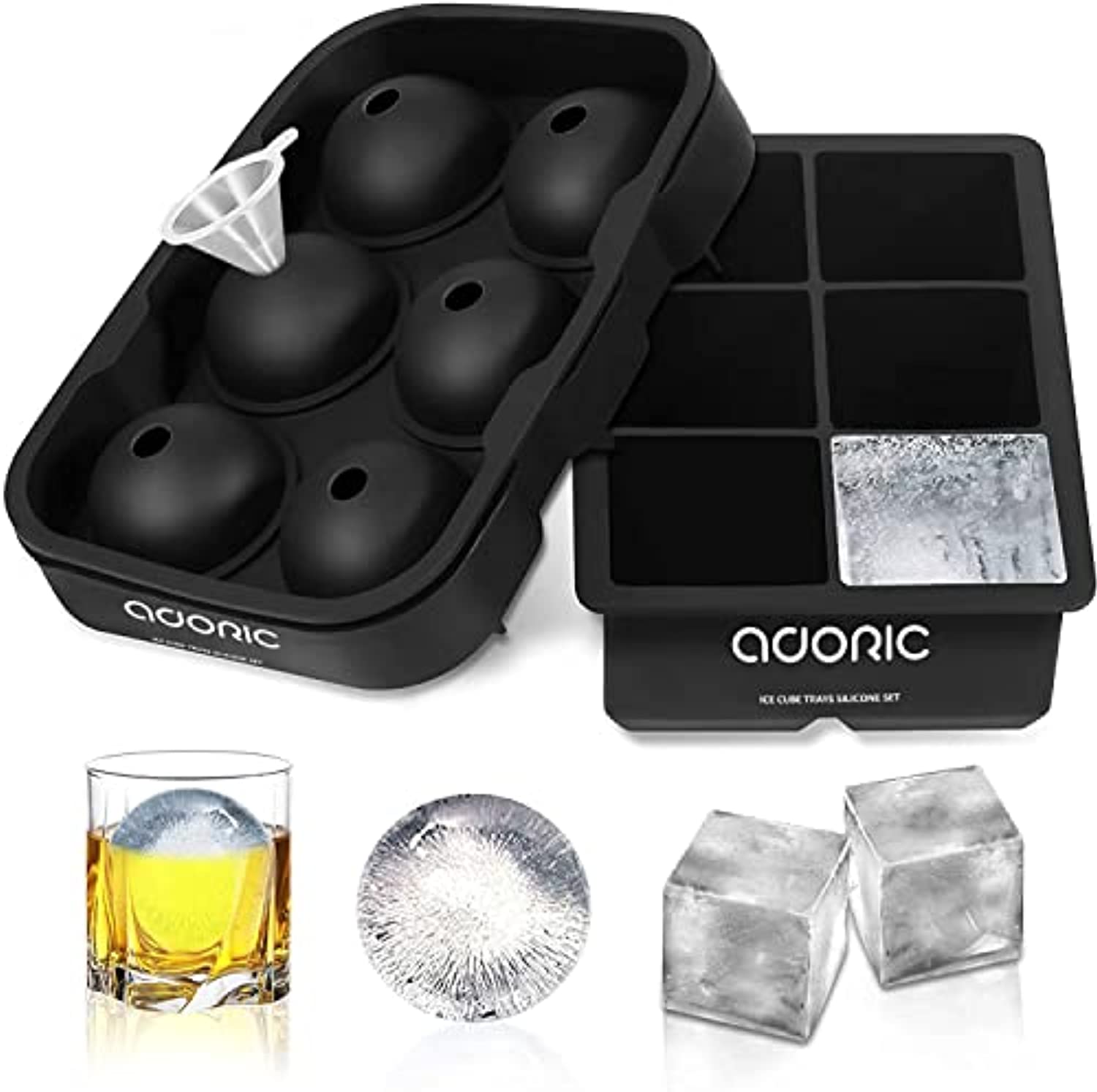Adoric Silicone Ice Cube Tray Set - Large Square & Sphere Ice Ball Maker with Lid for Whiskey, BPA Free (2-Pack)