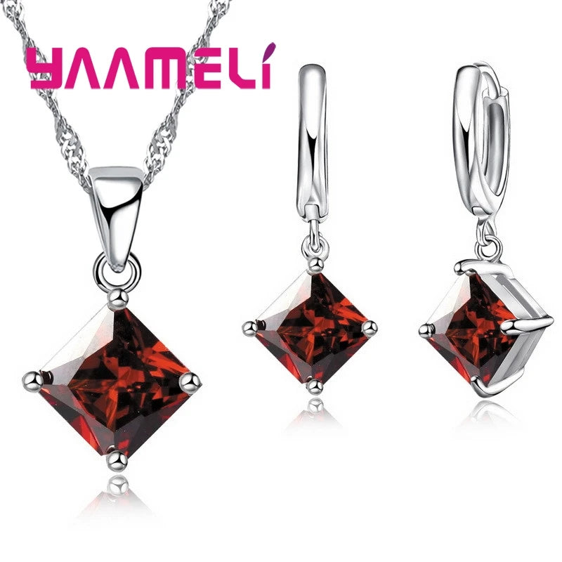 Women's 925 Sterling Silver Geometric Square Pendant Necklace and Earrings Set with Zircon for Wedding