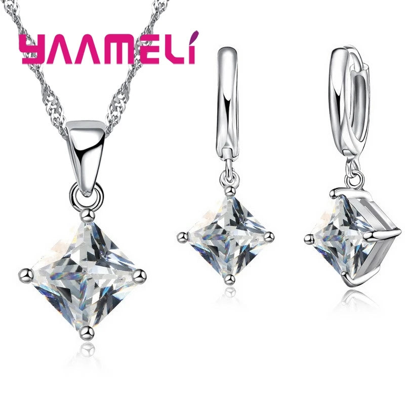 Women's 925 Sterling Silver Geometric Square Pendant Necklace and Earrings Set with Zircon for Wedding