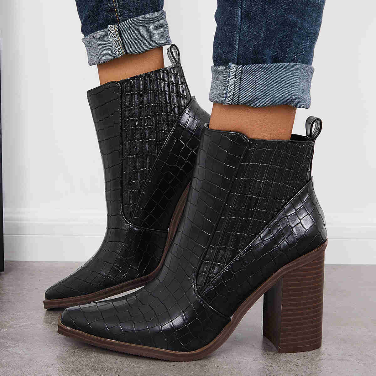 Pointed Toe Chunky Block Heel Ankle Boots Chelsea Western Booties