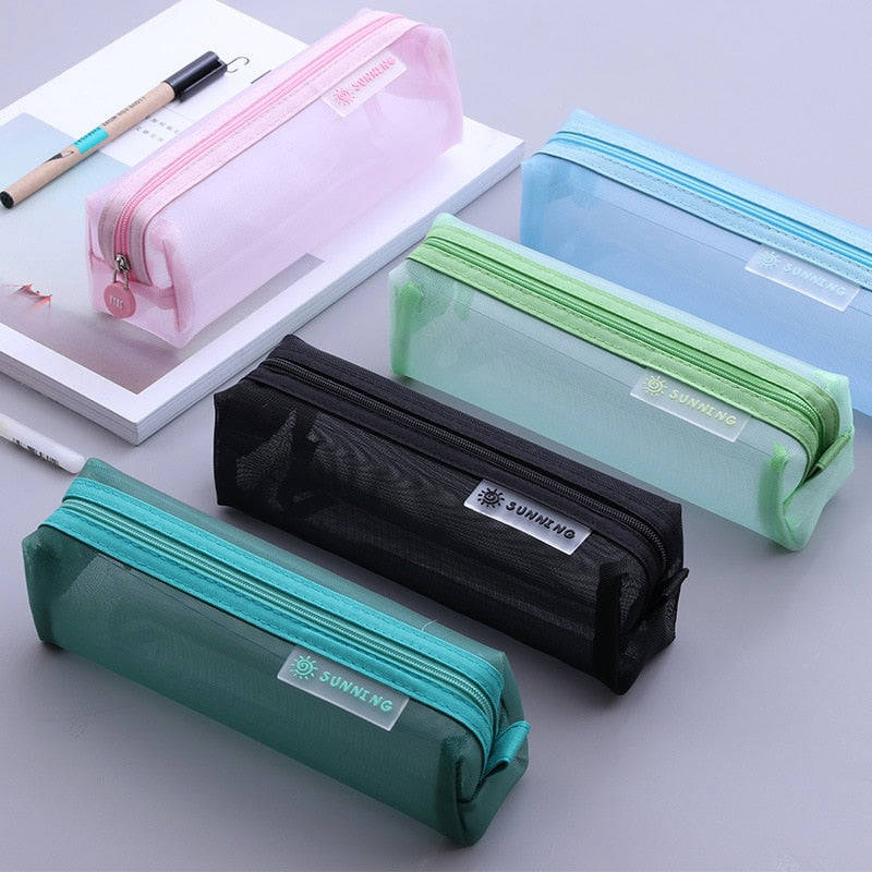 Lkblock Transparent Stationery Pencil Bag - Large Capacity Nylon Mesh Pen Case for Students