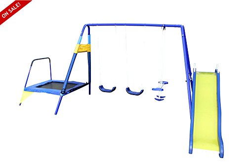 Skroutz Metal Swing Set with Slide and Trampoline for Kids Outdoor Play