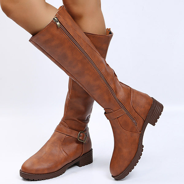 Corashoes Round Toe PU Back Zipper Tall Boots - Fashion & Casual Low Heel Boots