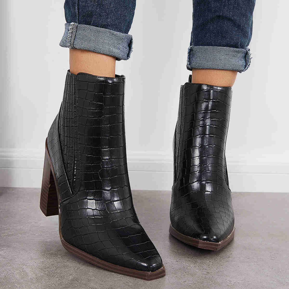 Pointed Toe Chunky Block Heel Ankle Boots Chelsea Western Booties