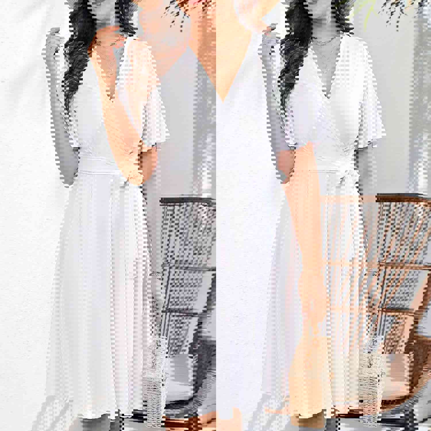 Nukty Ladies Elegant French Midi Dresses - Plus Size V-Neck Vintage White Dress