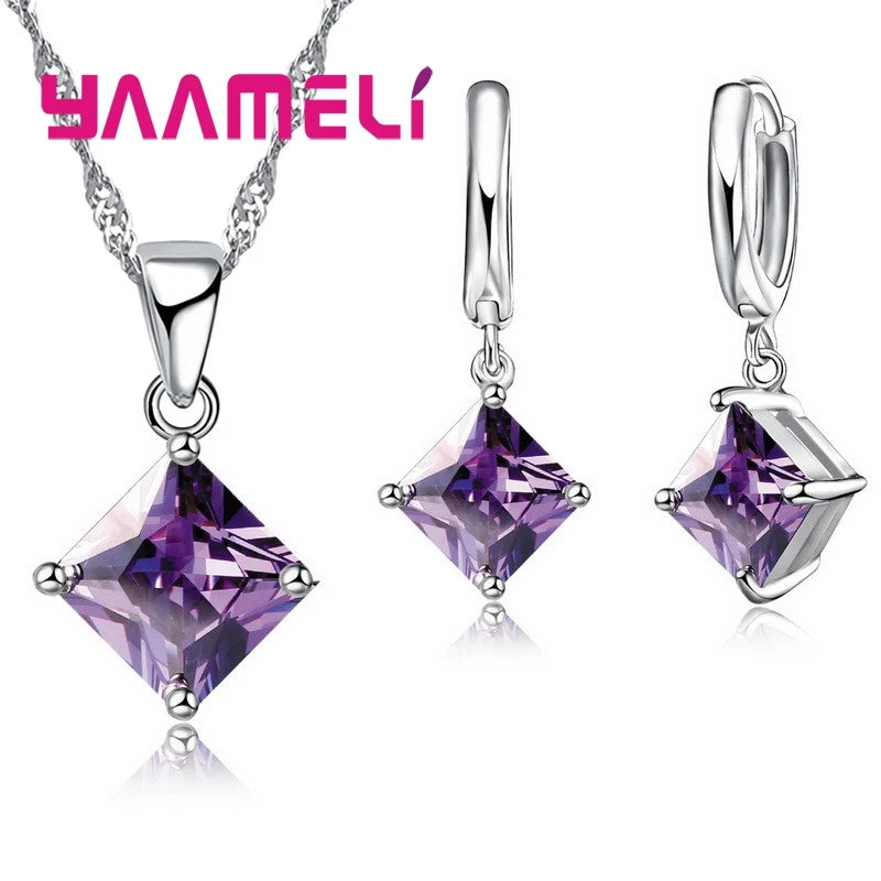 Women's 925 Sterling Silver Geometric Square Pendant Necklace and Earrings Set with Zircon for Wedding