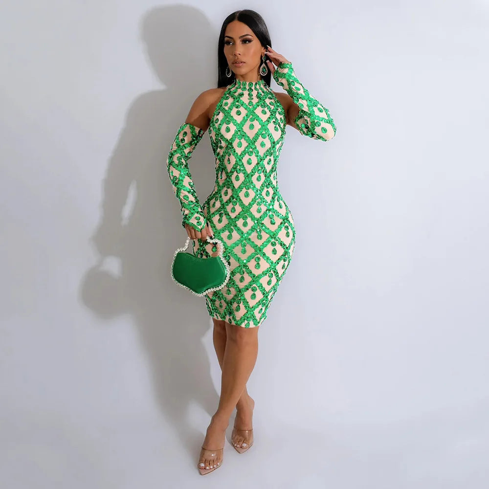 Fashion Mesh Perspective Sequin Bodycon Party Dress