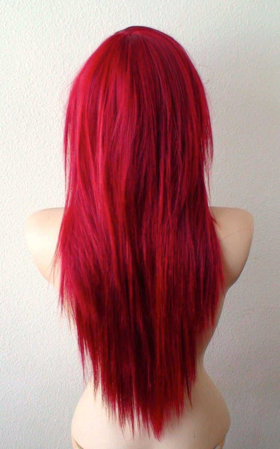 28 Wine Red Straight Layered Hair with Bangs Wig - Scene Wig