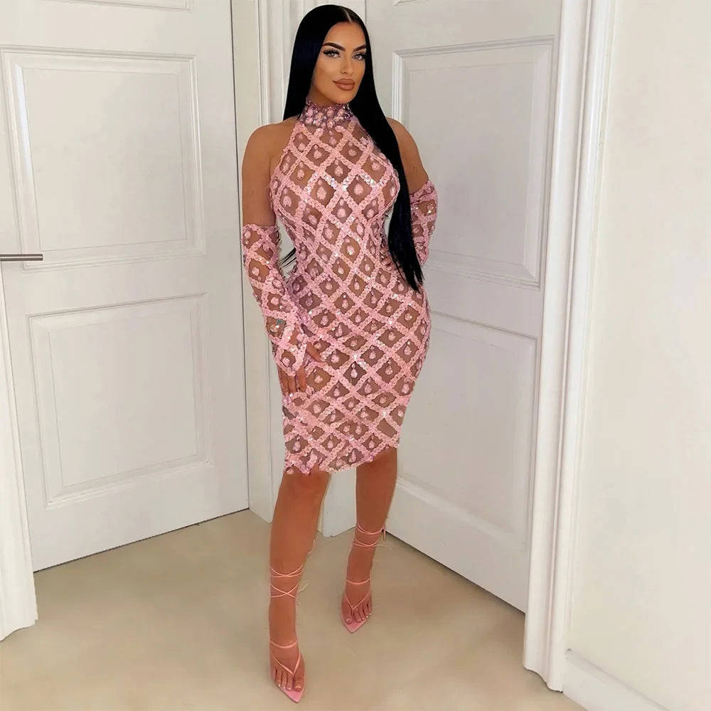 Fashion Mesh Perspective Sequin Bodycon Party Dress
