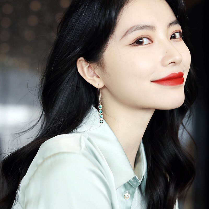 Exquisite Copper Inlaid Zircon Green Square Earrings for Women