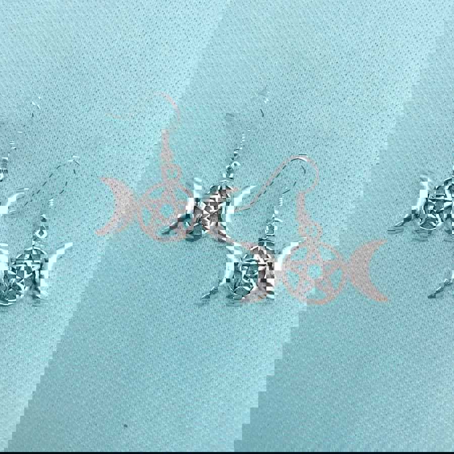 Triple Moon Goddess Pentacle Pendant Dangle Silver Earrings