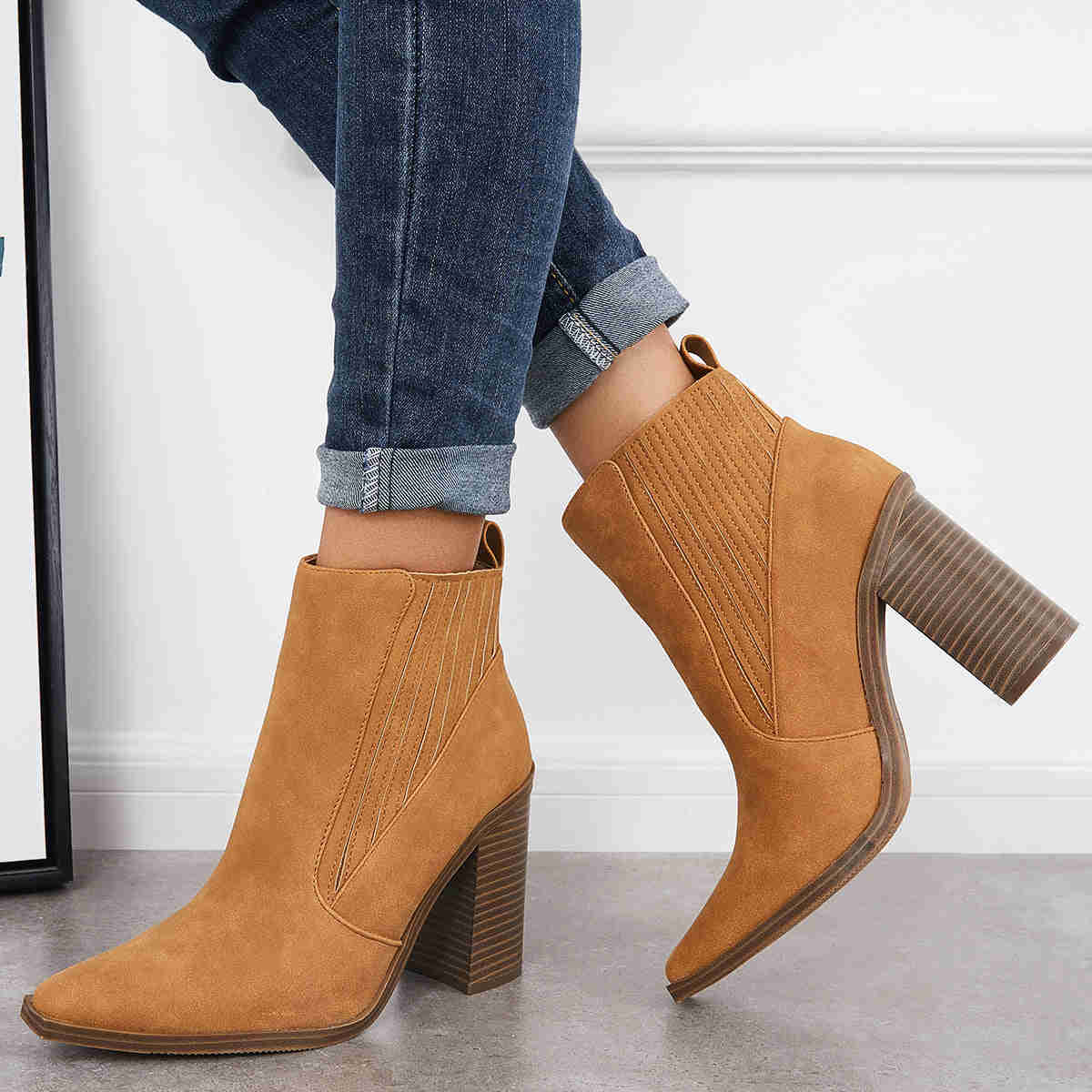 Pointed Toe Chunky Block Heel Ankle Boots Chelsea Western Booties