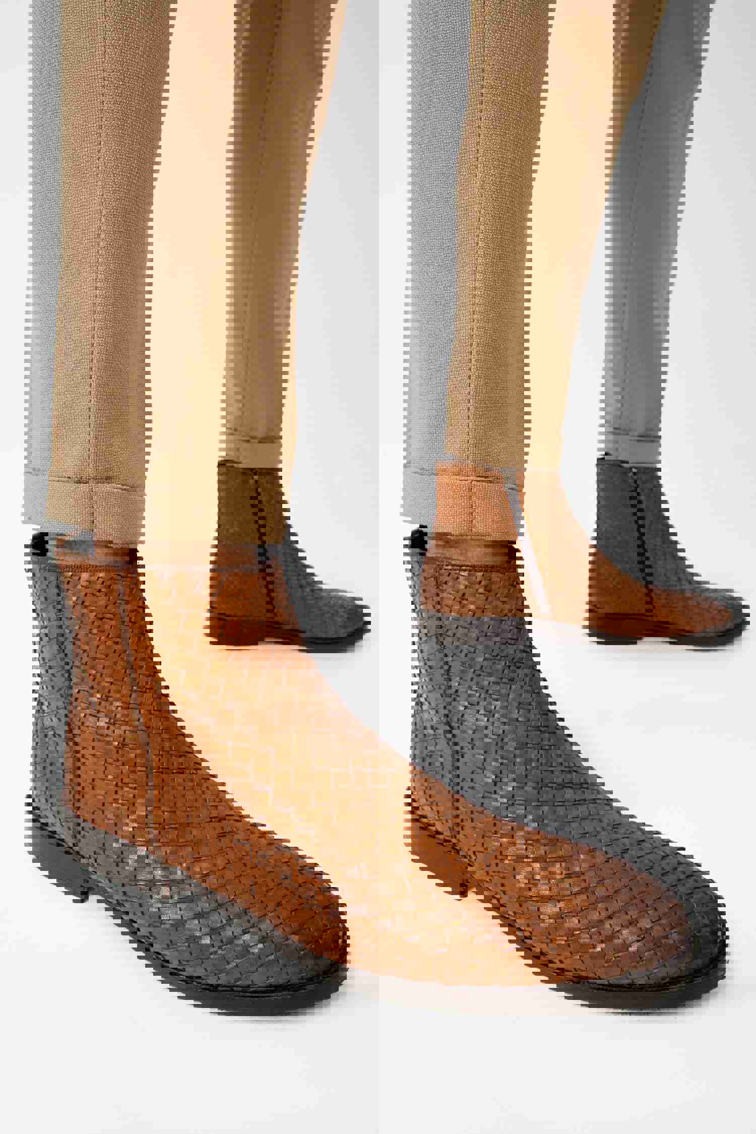 Wellington Tan Handwoven Leather Men Boot with Zipper