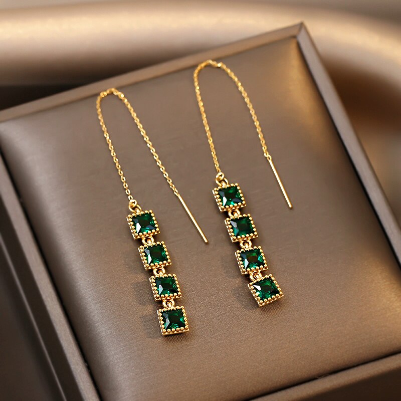 Exquisite Copper Inlaid Zircon Green Square Earrings for Women