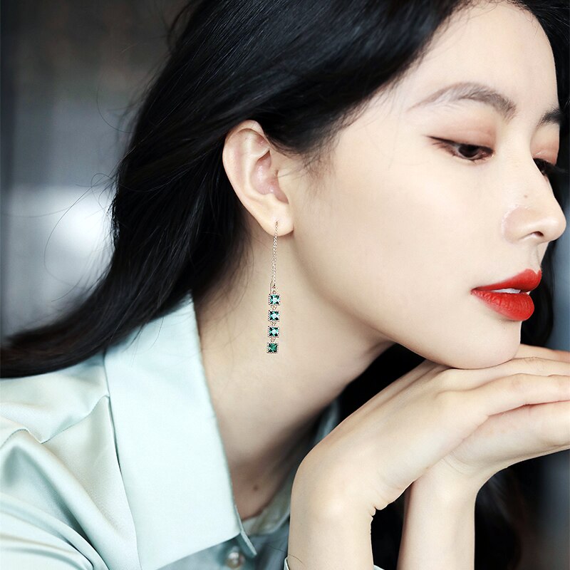 Exquisite Copper Inlaid Zircon Green Square Earrings for Women