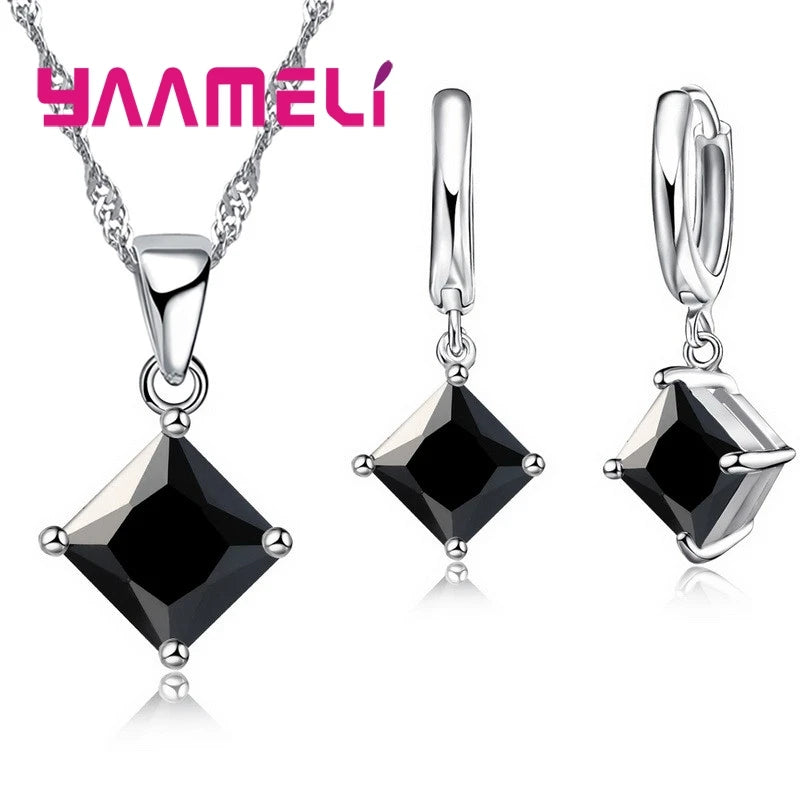 Women's 925 Sterling Silver Geometric Square Pendant Necklace and Earrings Set with Zircon for Wedding