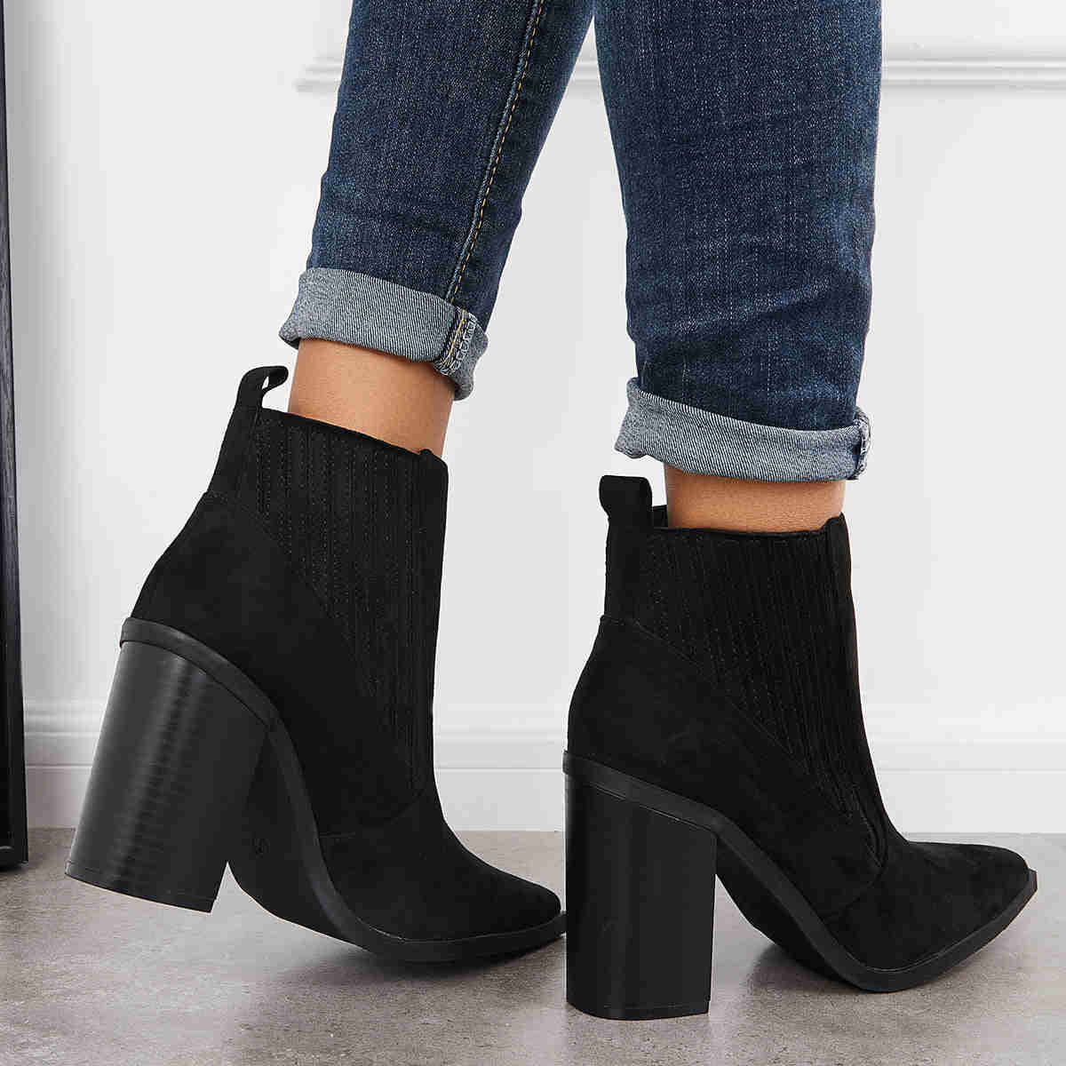 Pointed Toe Chunky Block Heel Ankle Boots Chelsea Western Booties